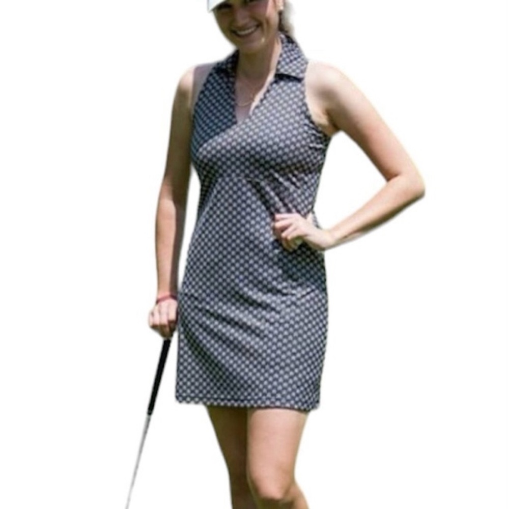 Smashing Golf & Tennis Racerback Daisy Print Polo Dress Athletic Pockets Blue